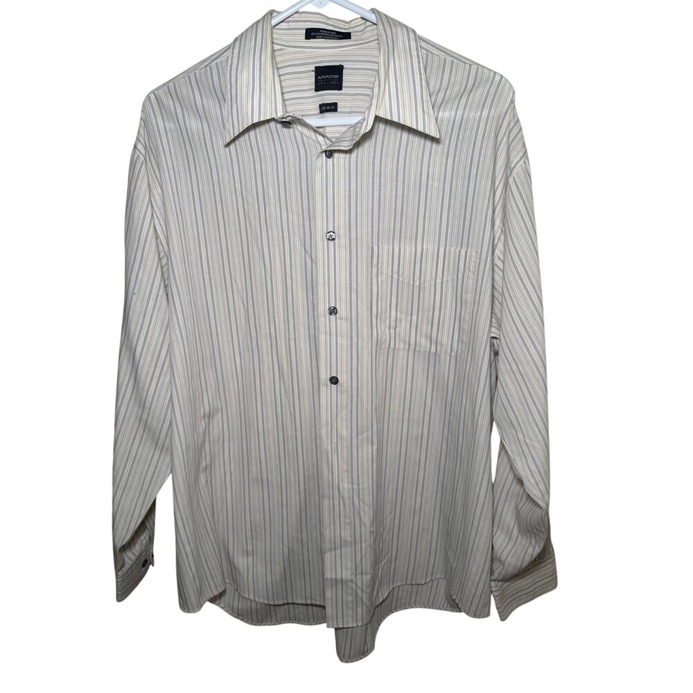 Arrow USA 1851 Men Dress Shirt 16–16.5 L White Gray Stripe Wrinkle-Free Button